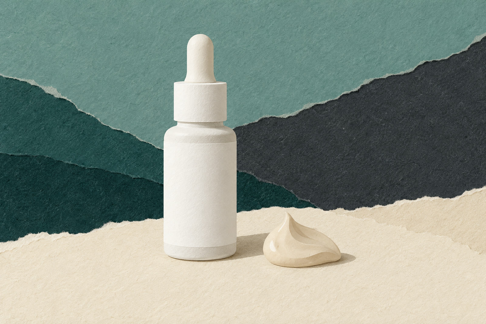 Flacone bianco con dosatore e senza etichetta su un piano color panna, accanto a una piccola perla di crema