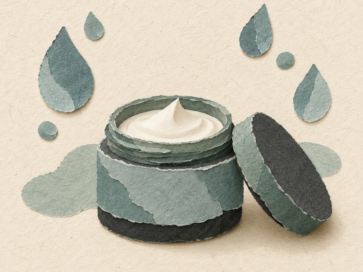 Collage di carta con barattolo di crema su fondo verde acqua