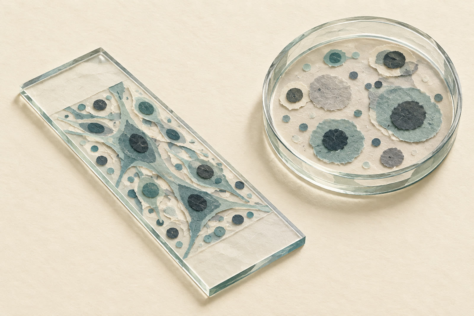 Vetrino da laboratorio con una coltura cellulare accanto a una piastra di vetro pulita