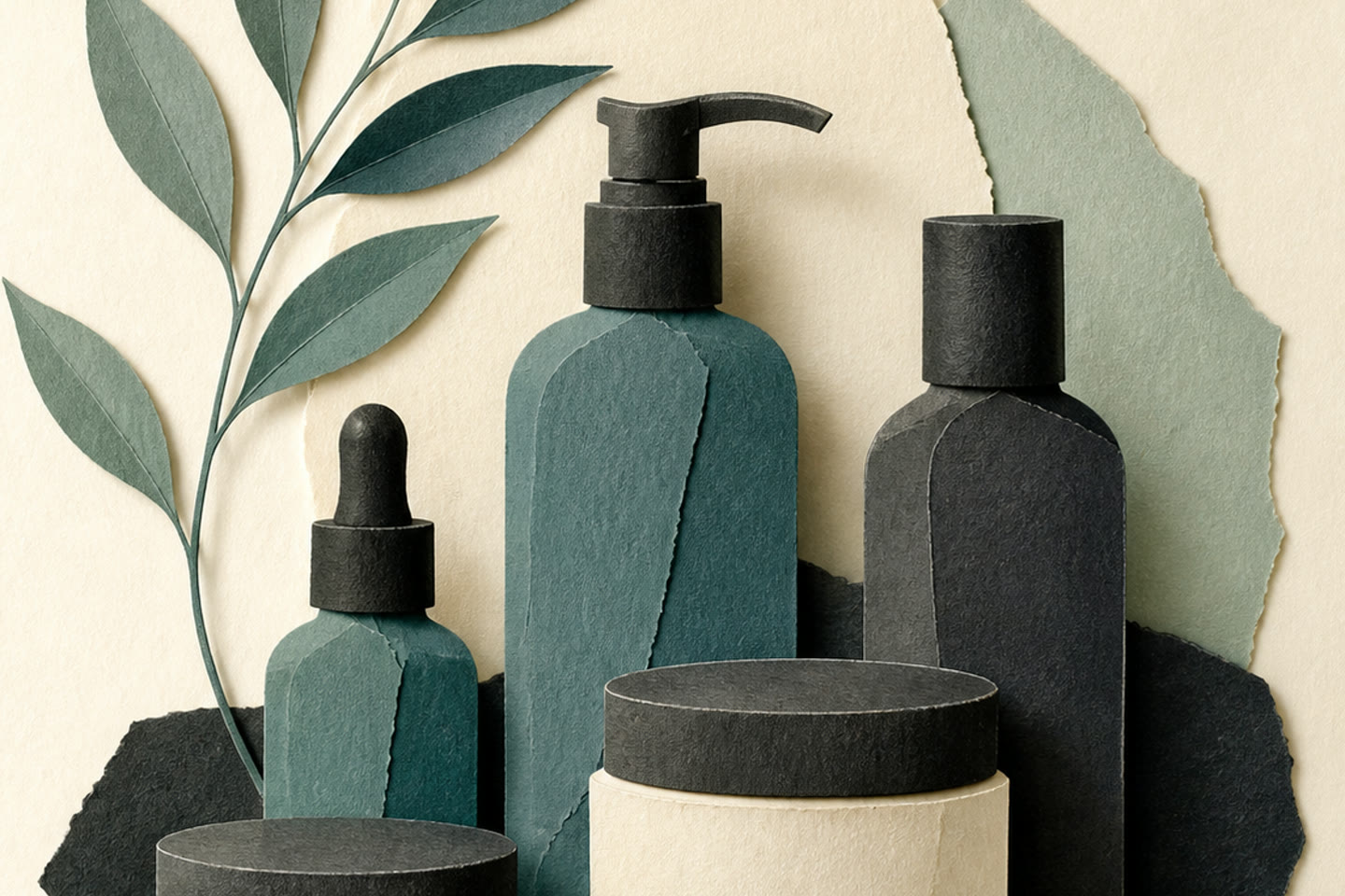Collage di carta con flaconi di cosmetici e una foglia