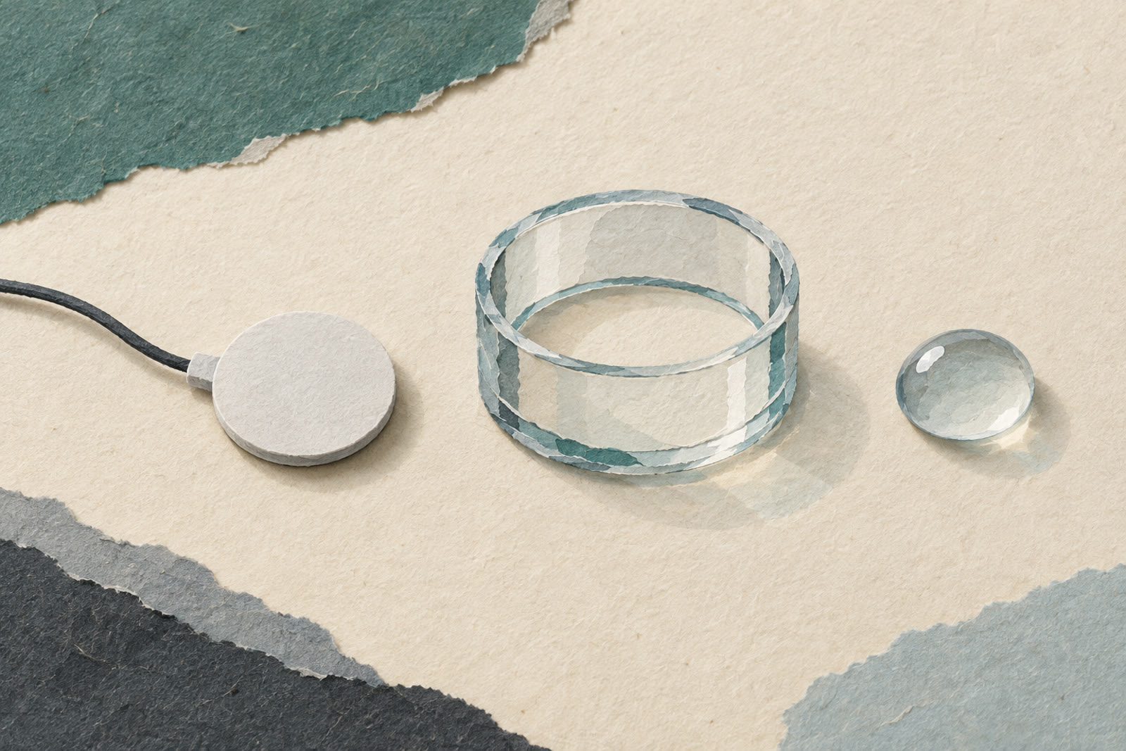 Collage di carta con un disco sonda circolare, un anello di vetro e una goccia d'acqua su un foglio color crema