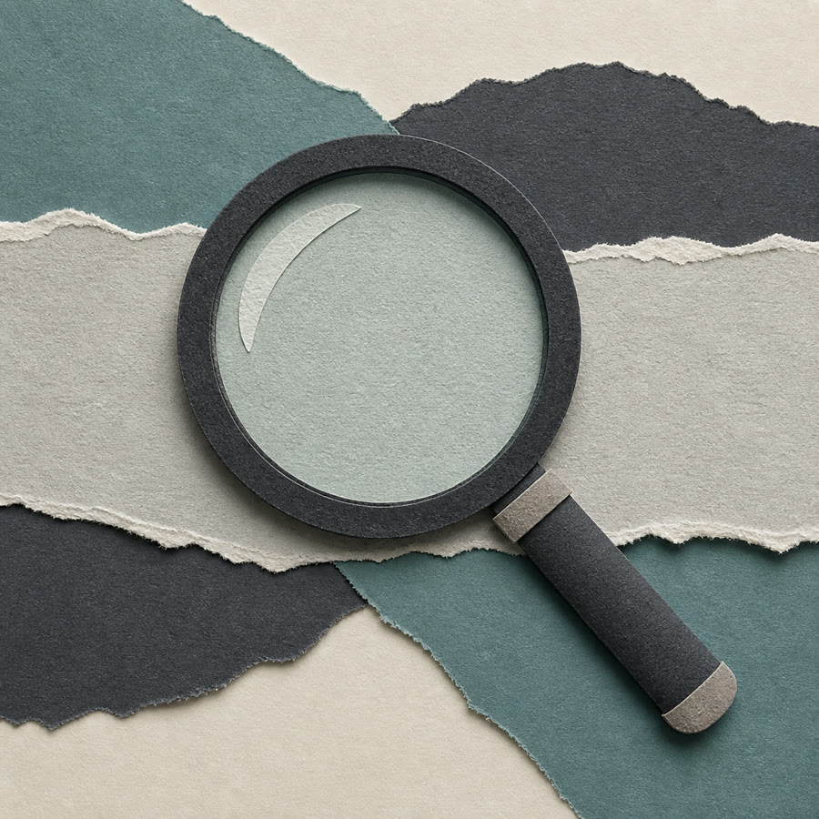 Collage di carta con una lente d'ingrandimento su una striscia strappata