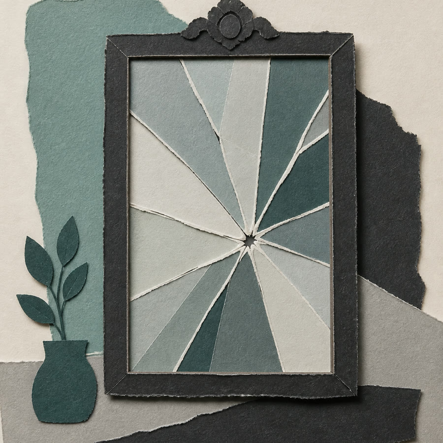 Collage di carta con uno specchio incrinato