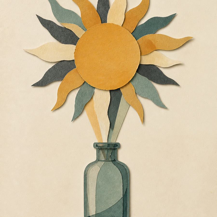 Collage di carta con un sole sopra un flaconcino