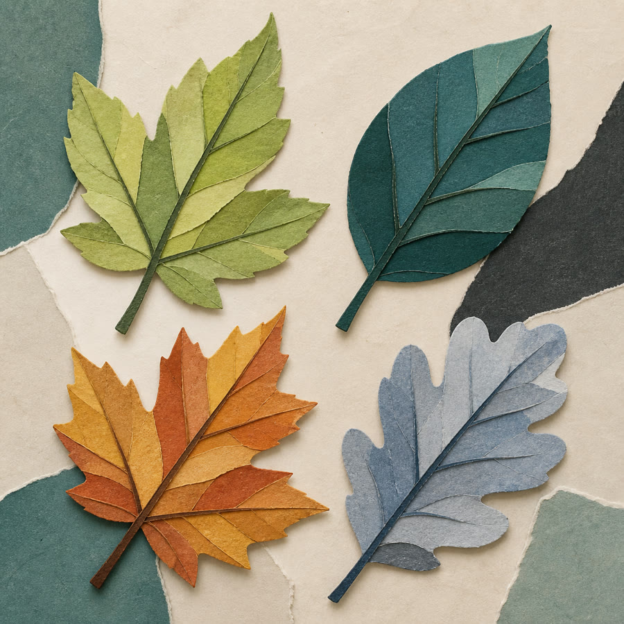 Collage di carta con quattro foglie in colori stagionali